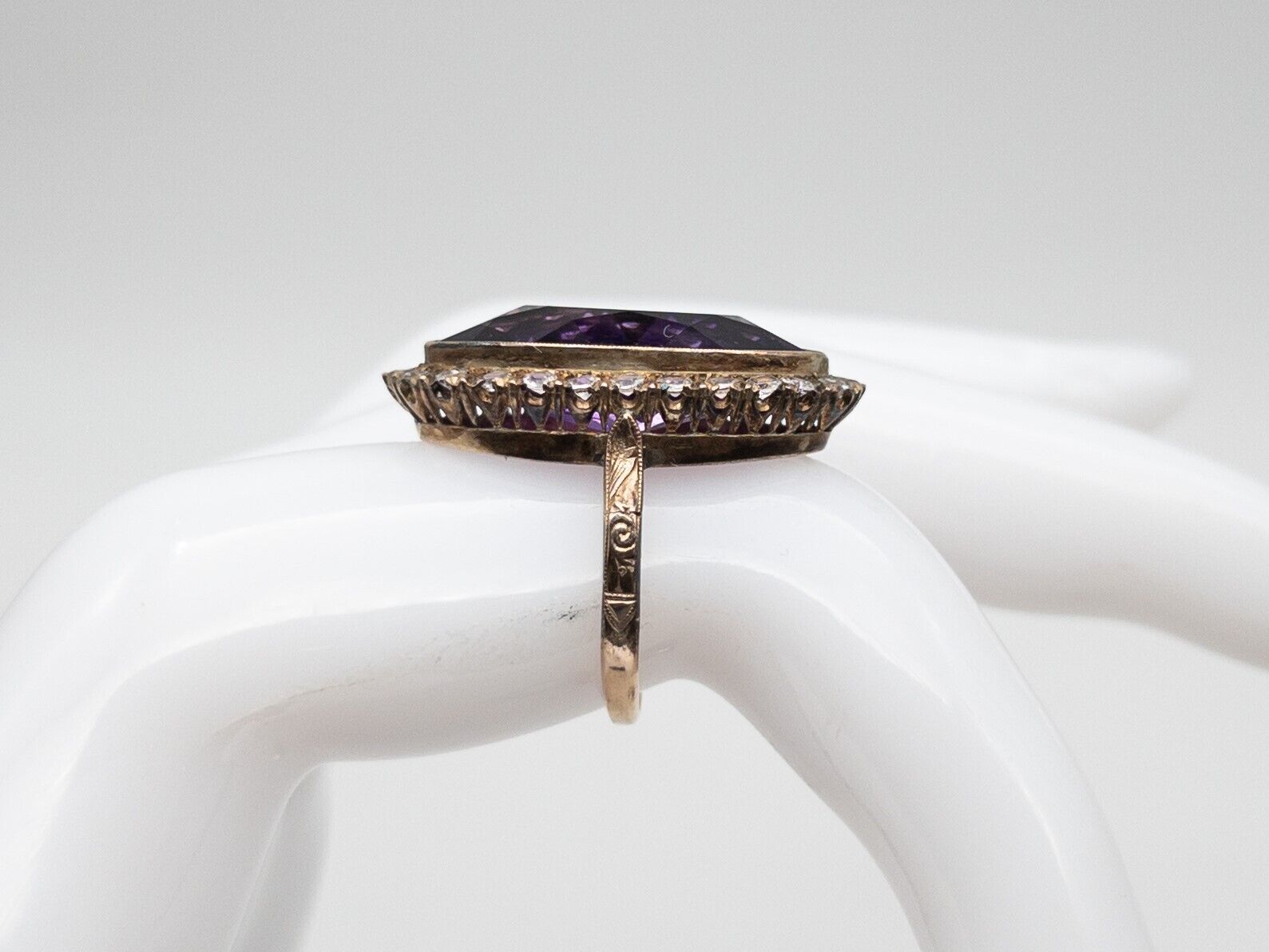 Antique Edwardian 1900s 10ct Amethyst White Sapphire 10k Yellow Gold HALO Ring
