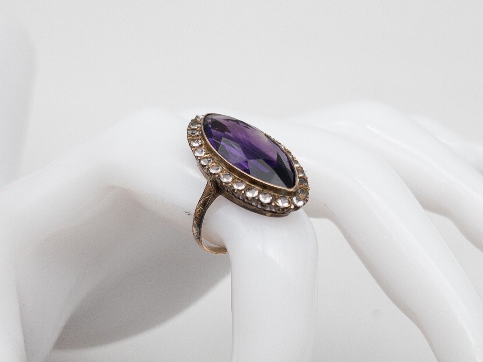 Antique Edwardian 1900s 10ct Amethyst White Sapphire 10k Yellow Gold HALO Ring