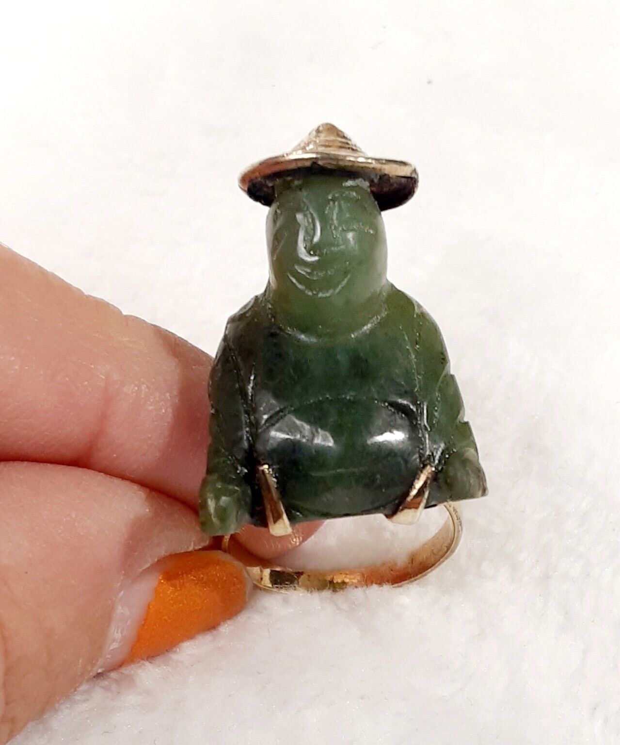 ** RARE Early 1900's Sterling Silver Nephrite Jade Buddha Ring **