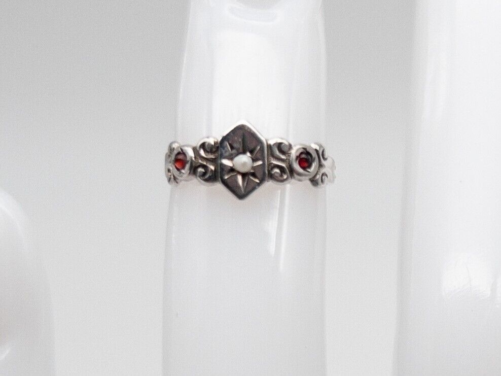 Antique Edwardian 1900s Natural Garnet Pearl 14k White Gold Band Ring SZ 2