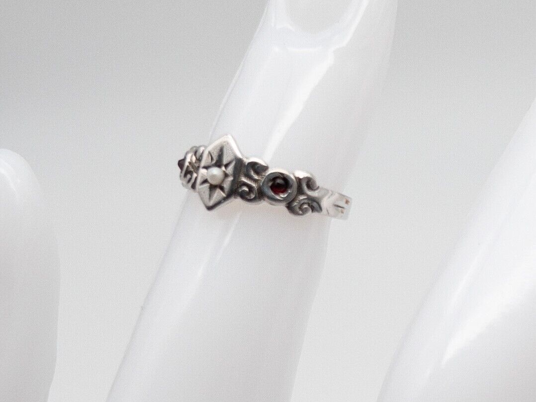 Antique Edwardian 1900s Natural Garnet Pearl 14k White Gold Band Ring SZ 2