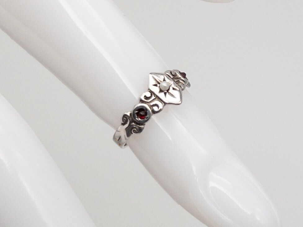 Antique Edwardian 1900s Natural Garnet Pearl 14k White Gold Band Ring SZ 2