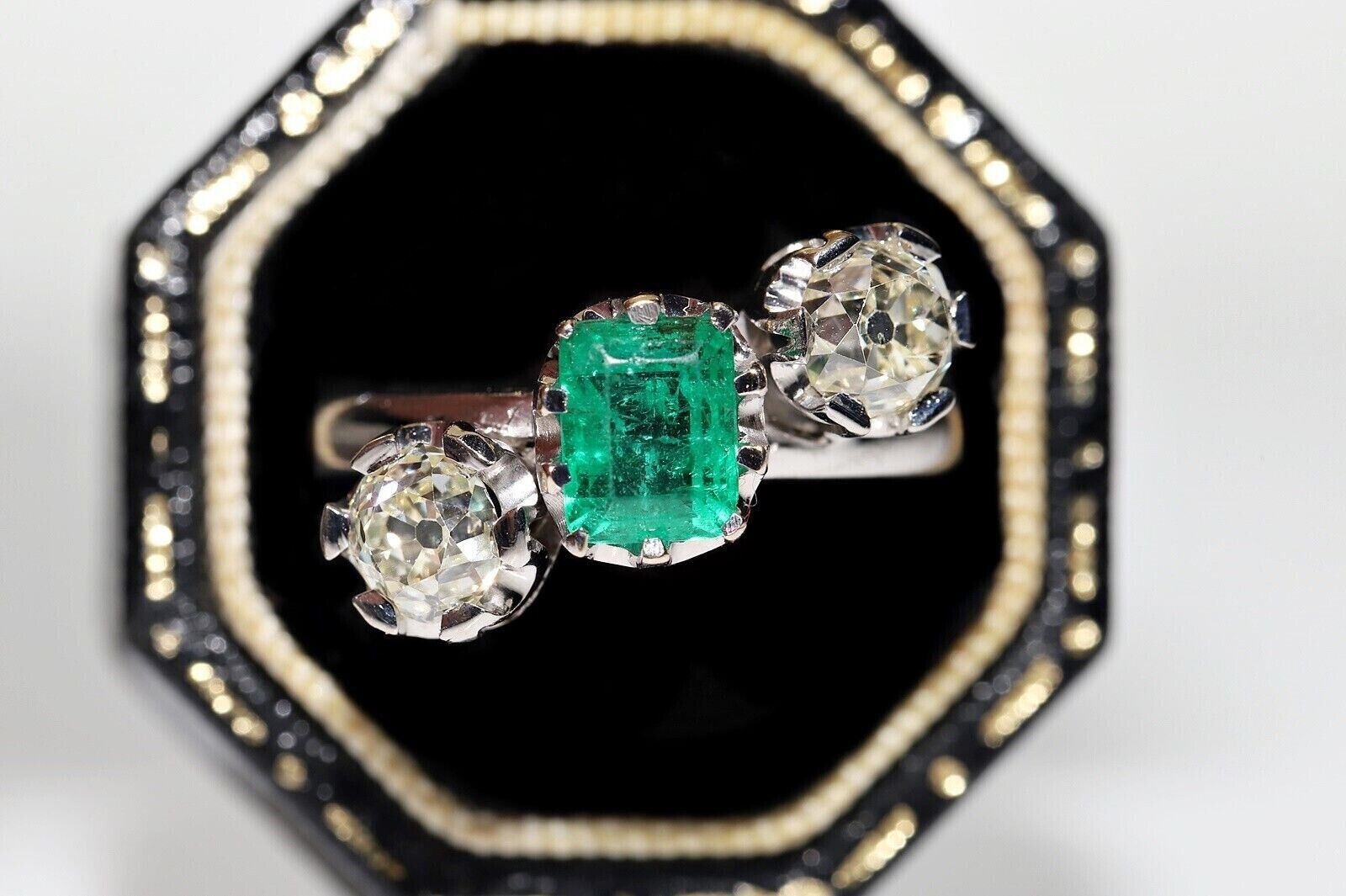 Vintage Circa 1900's Three Stone Ring 2.1 Ct Lab Created Emerald 14K White Gold