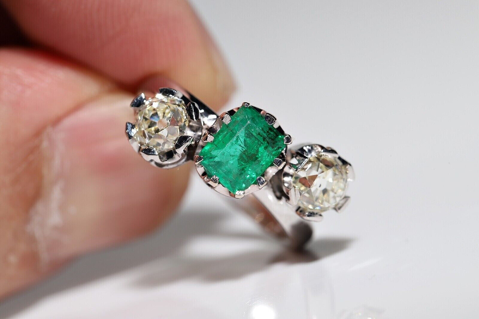 Vintage Circa 1900's Three Stone Ring 2.1 Ct Lab Created Emerald 14K White Gold