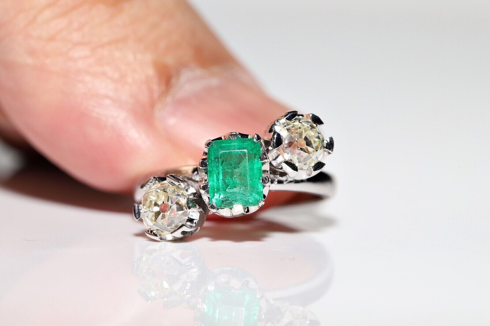 Vintage Circa 1900's Three Stone Ring 2.1 Ct Lab Created Emerald 14K White Gold