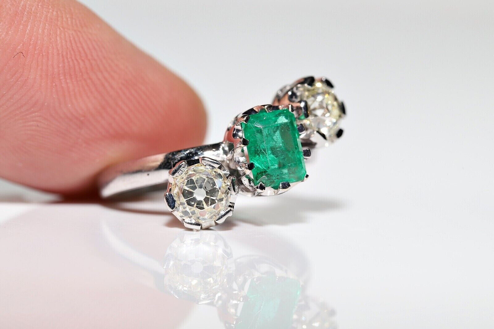 Vintage Circa 1900's Three Stone Ring 2.1 Ct Lab Created Emerald 14K White Gold