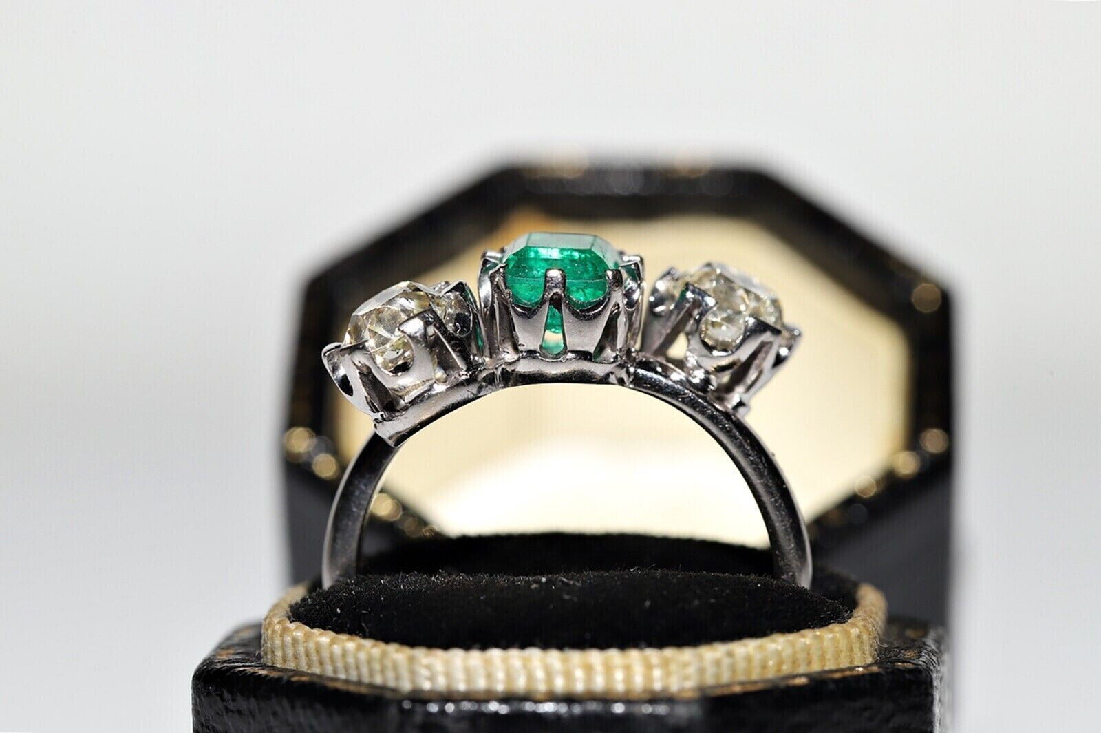 Vintage Circa 1900's Three Stone Ring 2.1 Ct Lab Created Emerald 14K White Gold