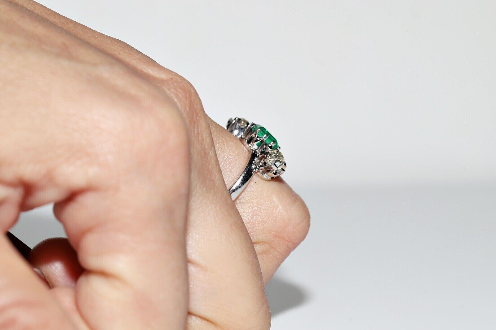 Vintage Circa 1900's Three Stone Ring 2.1 Ct Lab Created Emerald 14K White Gold