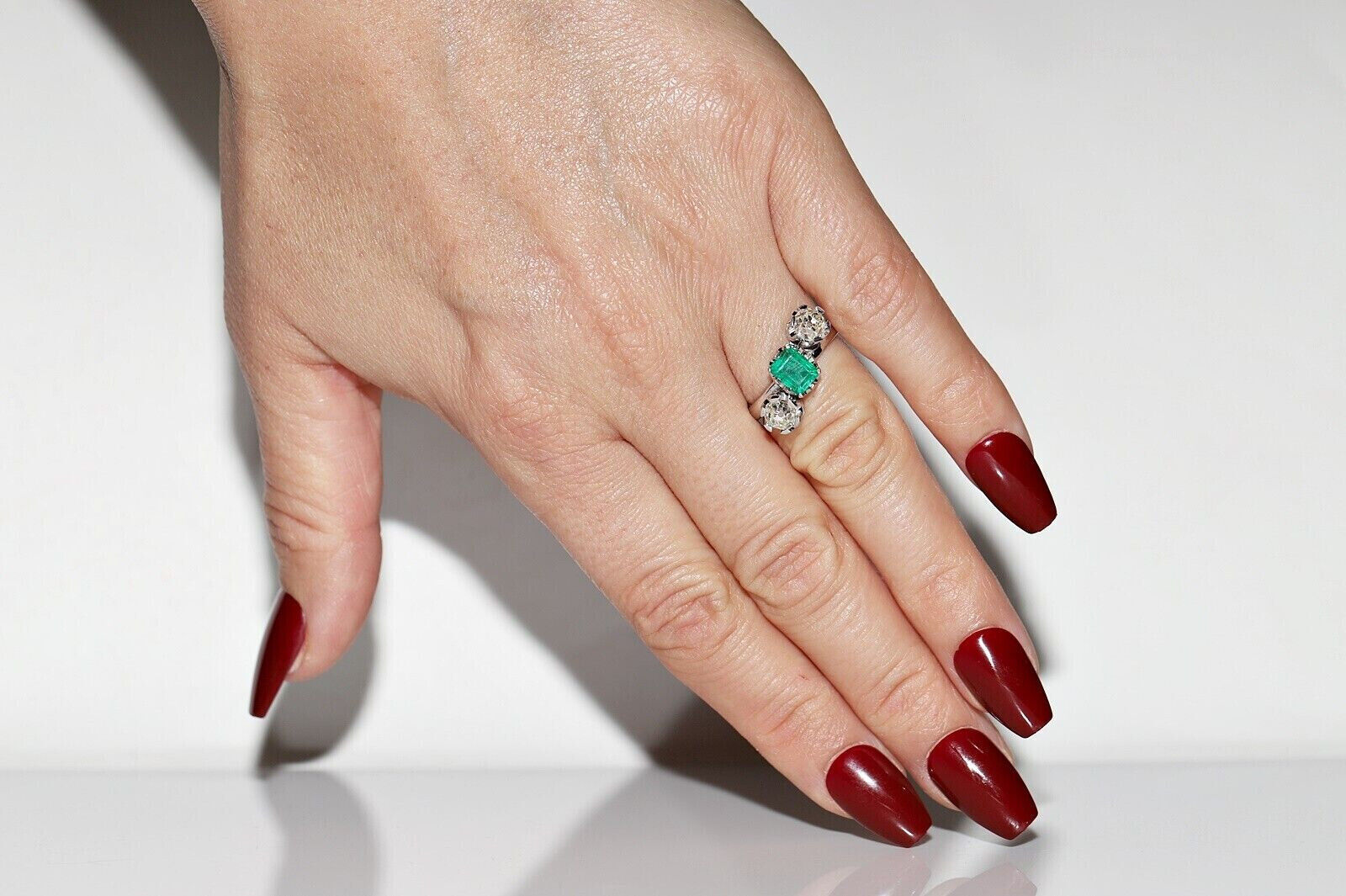 Vintage Circa 1900's Three Stone Ring 2.1 Ct Lab Created Emerald 14K White Gold