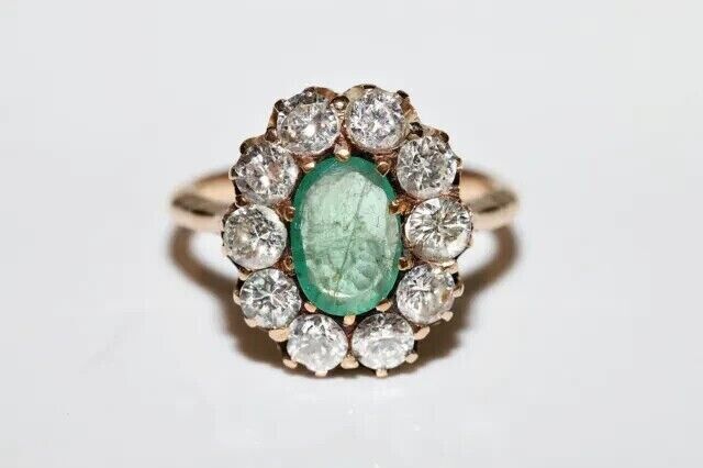 Antique Victorian 1900S 14K Yellow Gold Plated Simulated Green Emerald Halo Ring