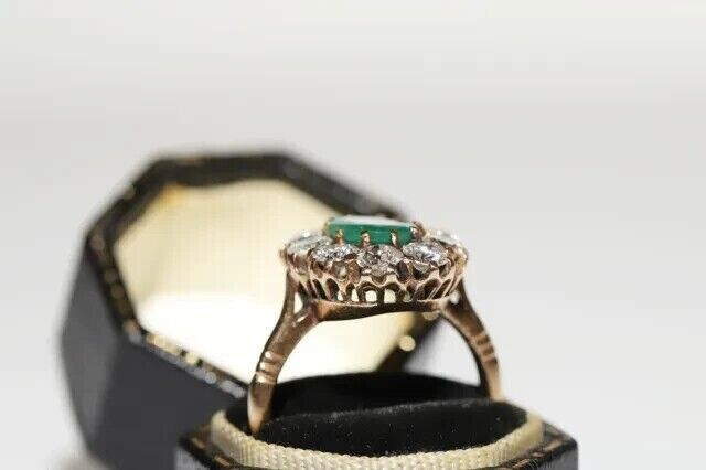 Antique Victorian 1900S 14K Yellow Gold Plated Simulated Green Emerald Halo Ring