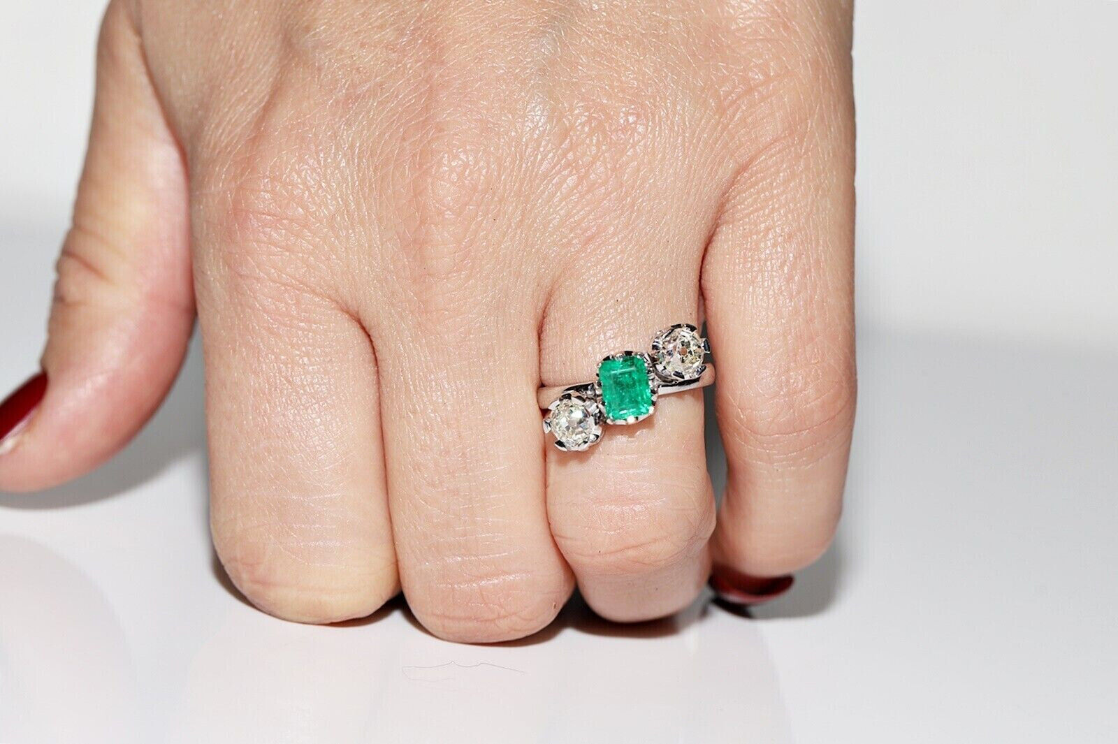 Vintage Circa 1900's Three Stone Ring 2.1 Ct Lab Created Emerald 14K White Gold