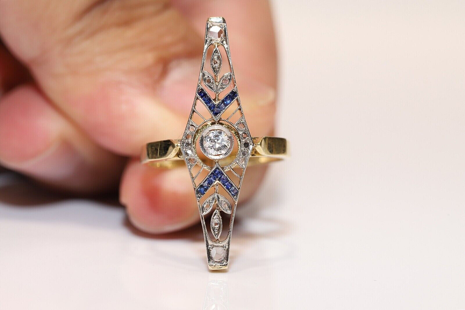 1900's Circa Art Deco Navette Ring 2 Ct Lab Created Diamond 14K Yellow Gold Over