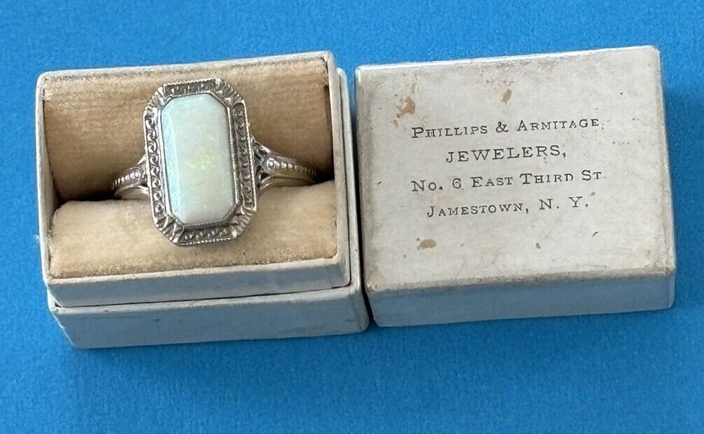 18 KT White Gold Filigree With Opal Early 1900’s With Original Box .