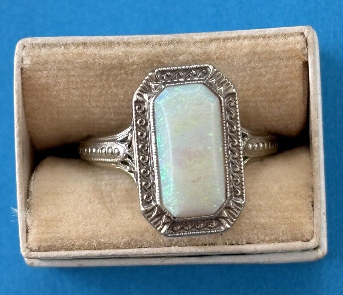 18 KT White Gold Filigree With Opal Early 1900’s With Original Box .