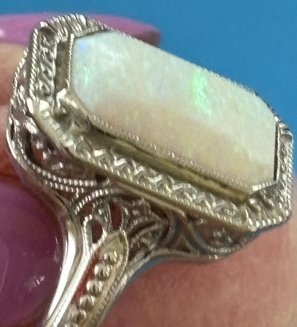 18 KT White Gold Filigree With Opal Early 1900’s With Original Box .