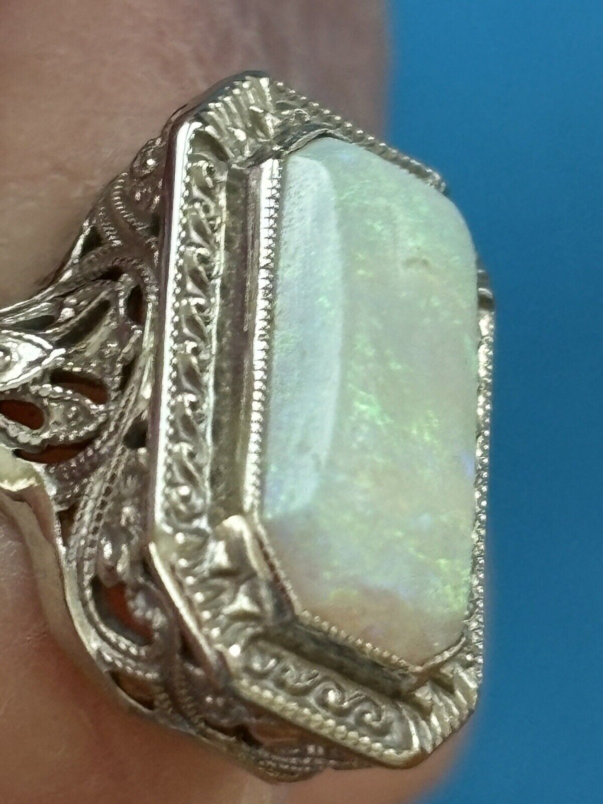 18 KT White Gold Filigree With Opal Early 1900’s With Original Box .