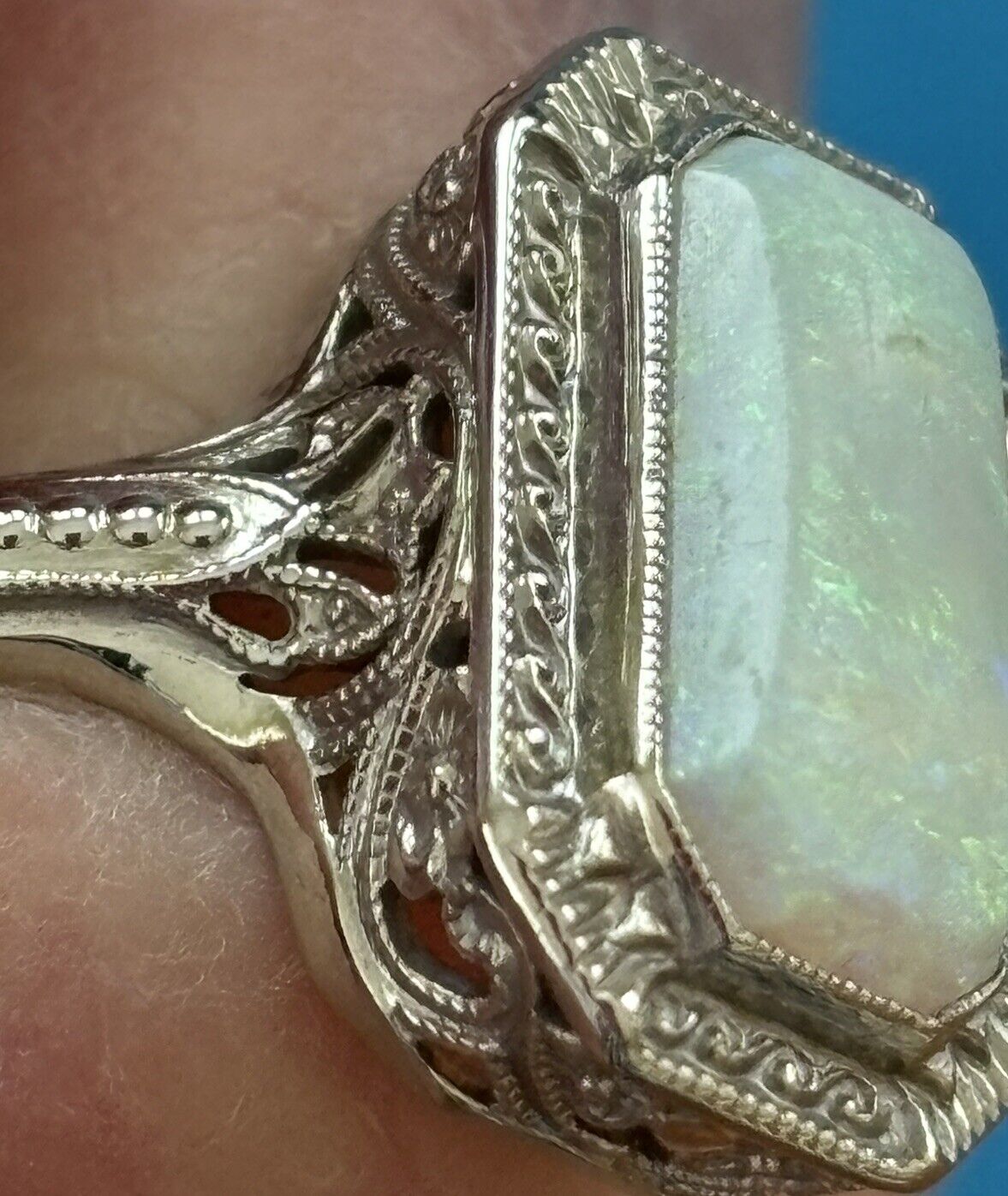18 KT White Gold Filigree With Opal Early 1900’s With Original Box .