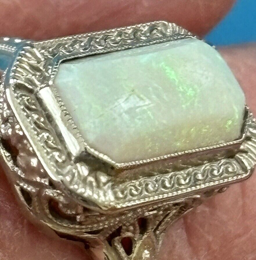 18 KT White Gold Filigree With Opal Early 1900’s With Original Box .