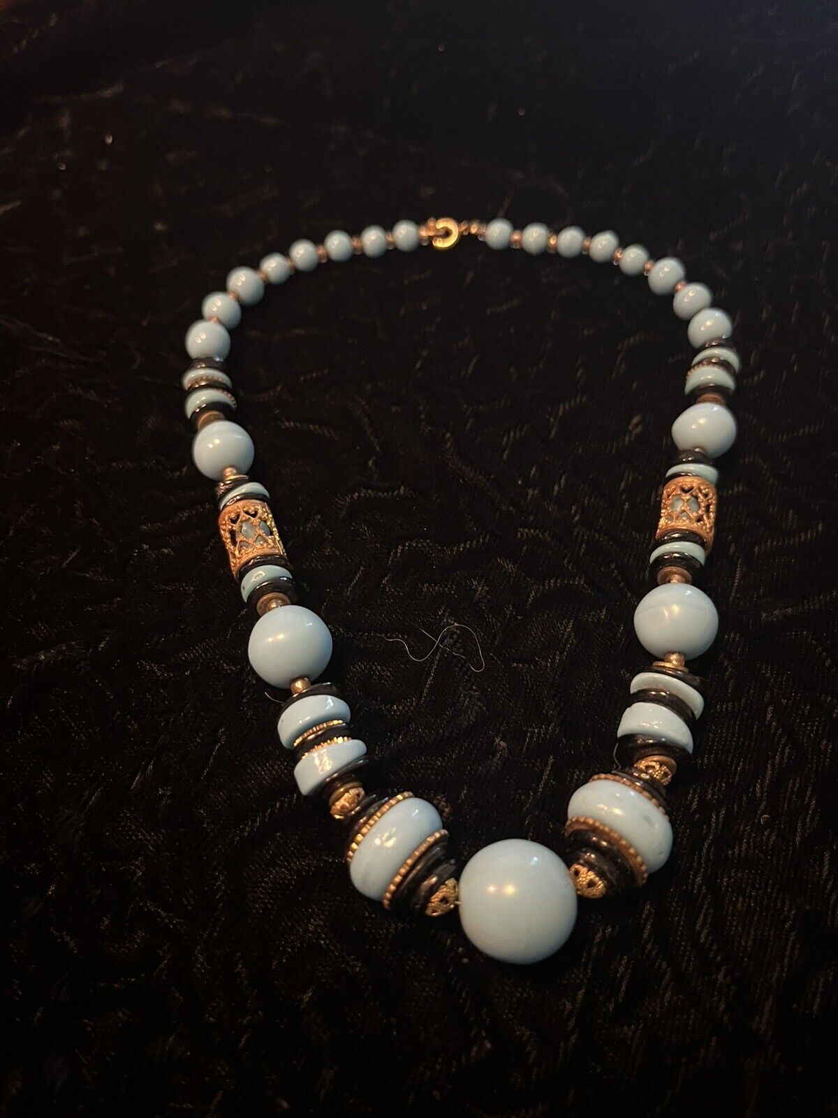 Early 1900’s ART DECO Czech Glass Baby Blue with Brass Filagree Necklace 12”