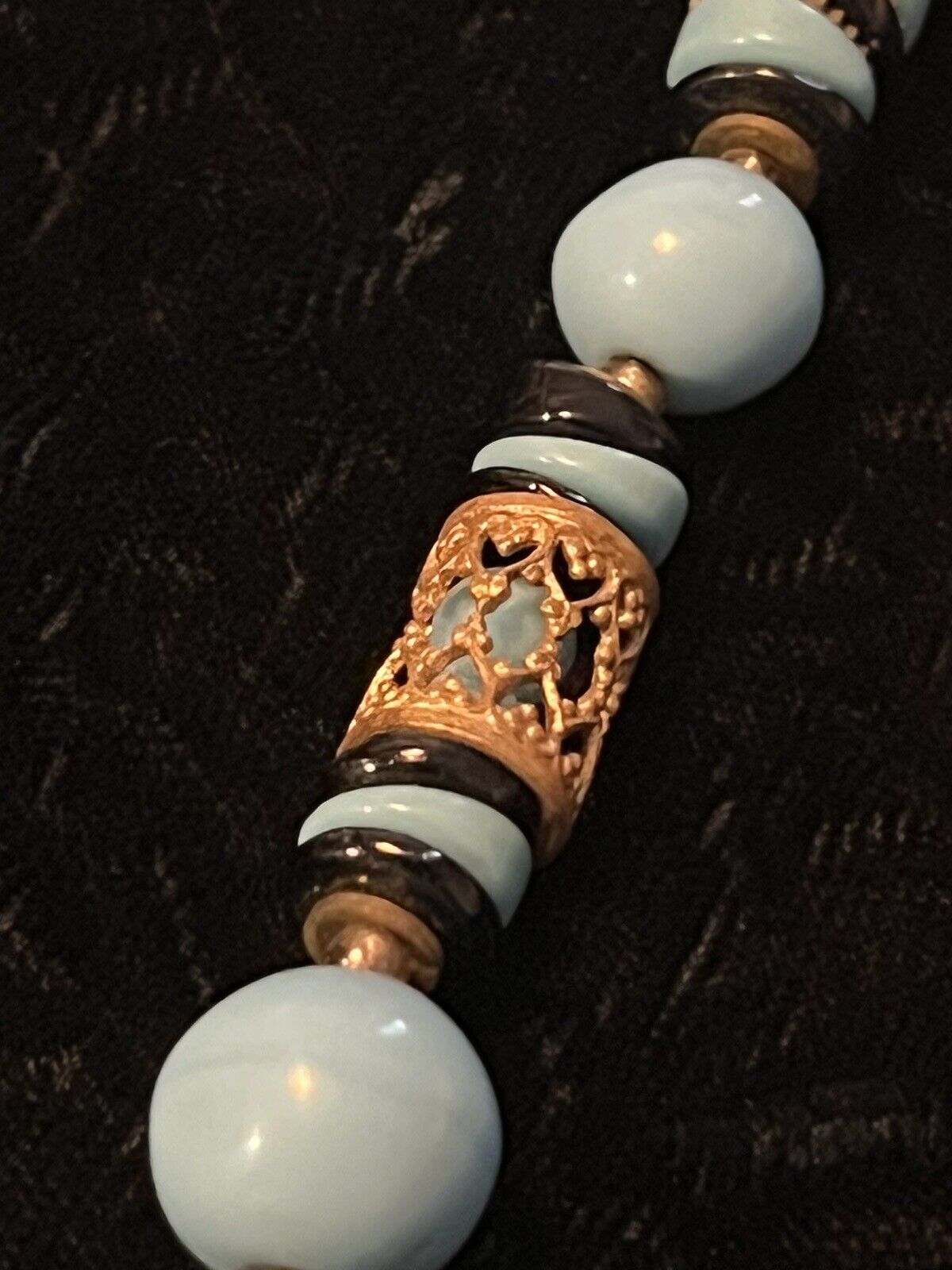 Early 1900’s ART DECO Czech Glass Baby Blue with Brass Filagree Necklace 12”