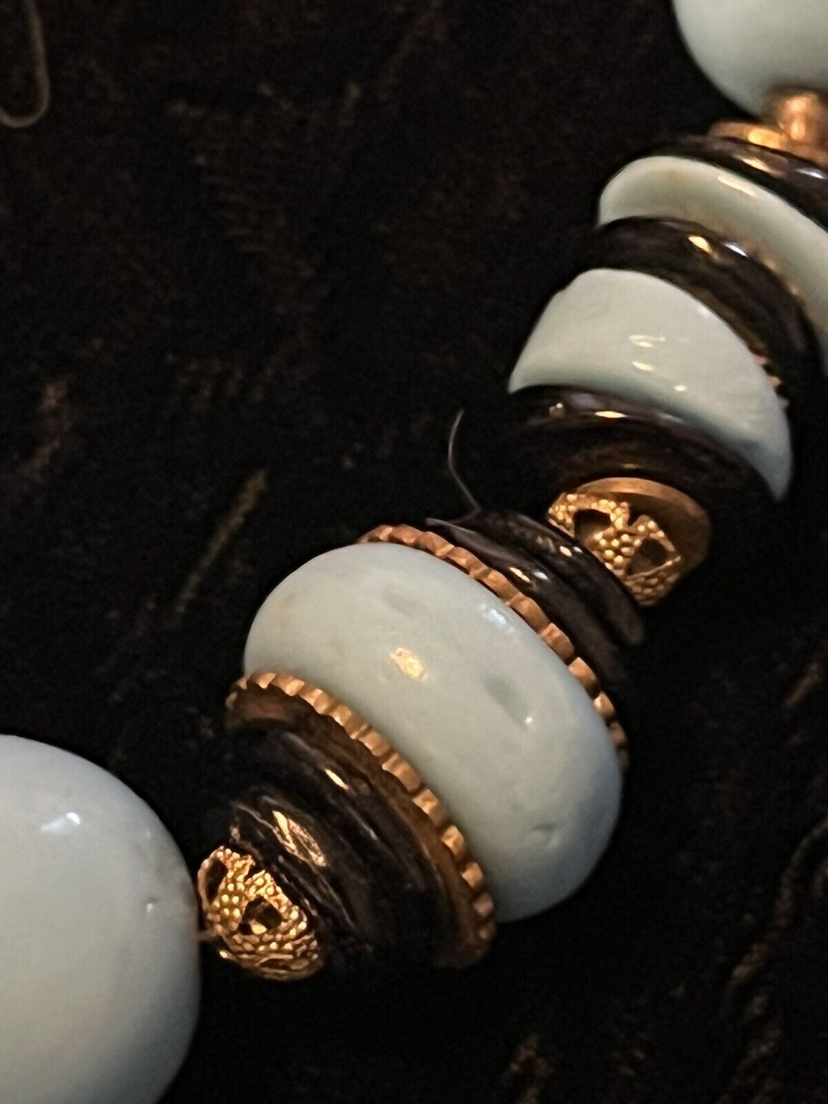 Early 1900’s ART DECO Czech Glass Baby Blue with Brass Filagree Necklace 12”