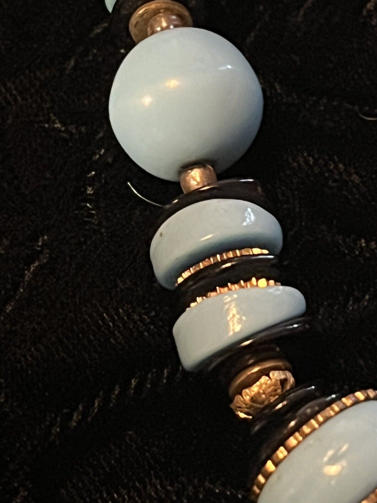 Early 1900’s ART DECO Czech Glass Baby Blue with Brass Filagree Necklace 12”