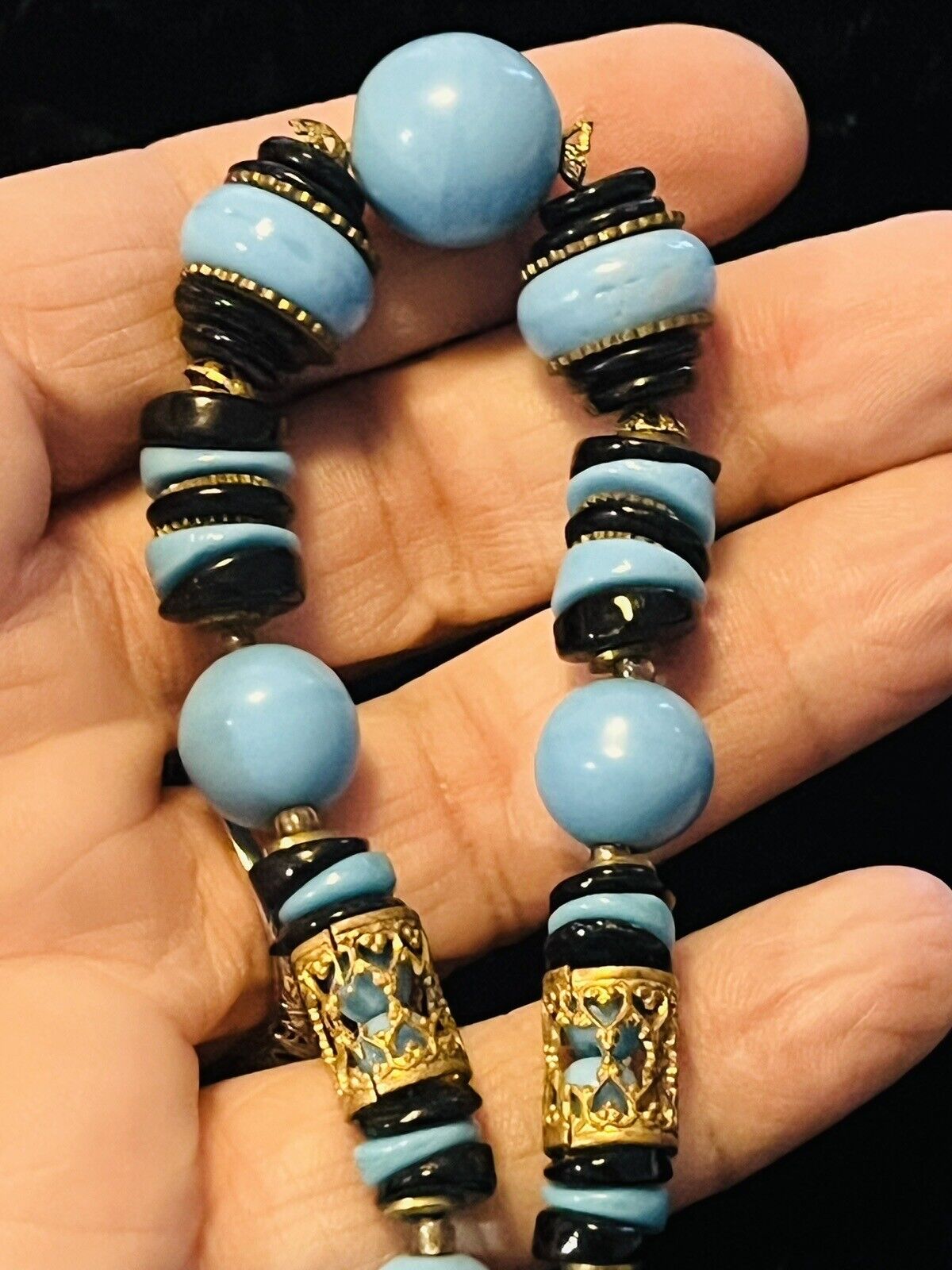 Early 1900’s ART DECO Czech Glass Baby Blue with Brass Filagree Necklace 12”