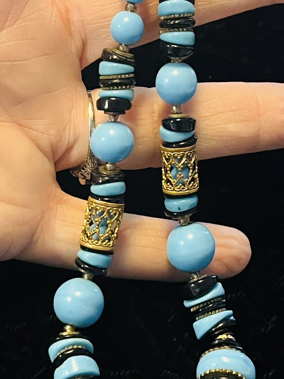 Early 1900’s ART DECO Czech Glass Baby Blue with Brass Filagree Necklace 12”