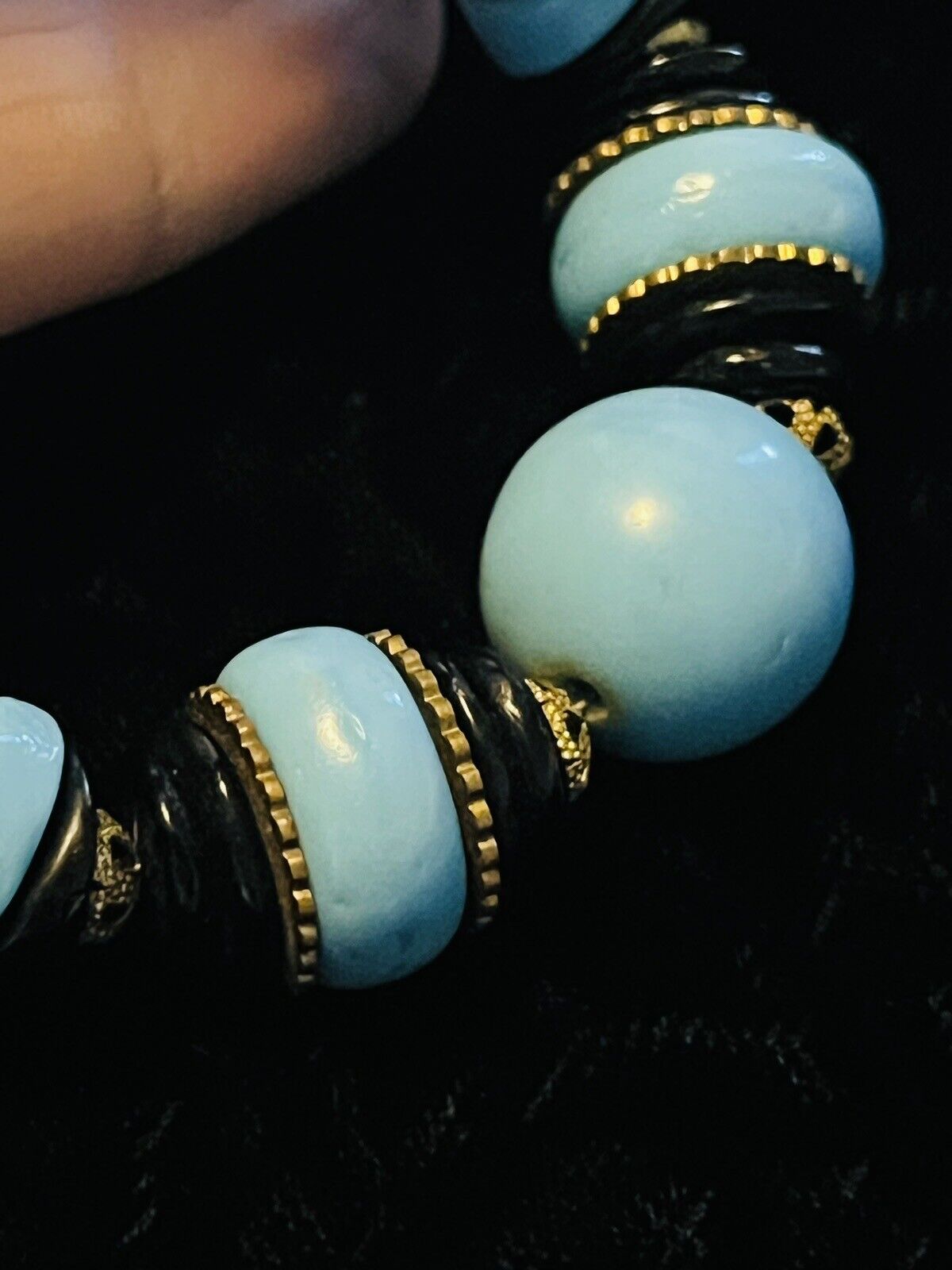 Early 1900’s ART DECO Czech Glass Baby Blue with Brass Filagree Necklace 12”