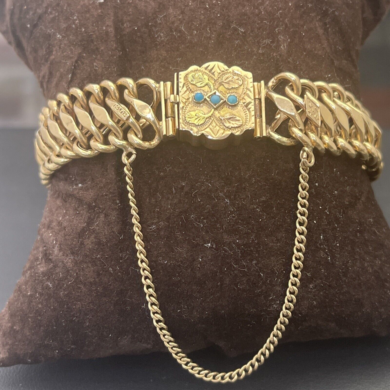 Late 1800s/Early 1900s Victorian 14k Gold Chain Bracelet w/Turquoise Gem Accent