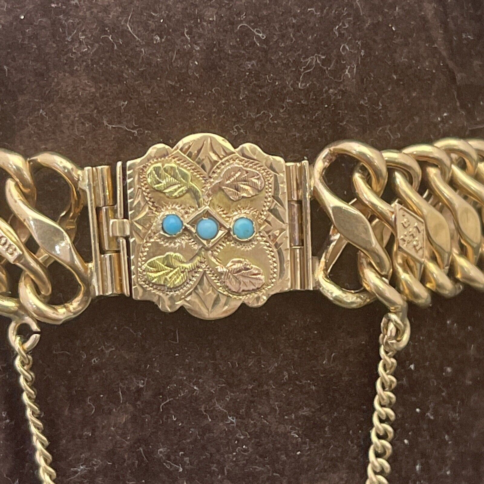 Late 1800s/Early 1900s Victorian 14k Gold Chain Bracelet w/Turquoise￼ Gem Accent