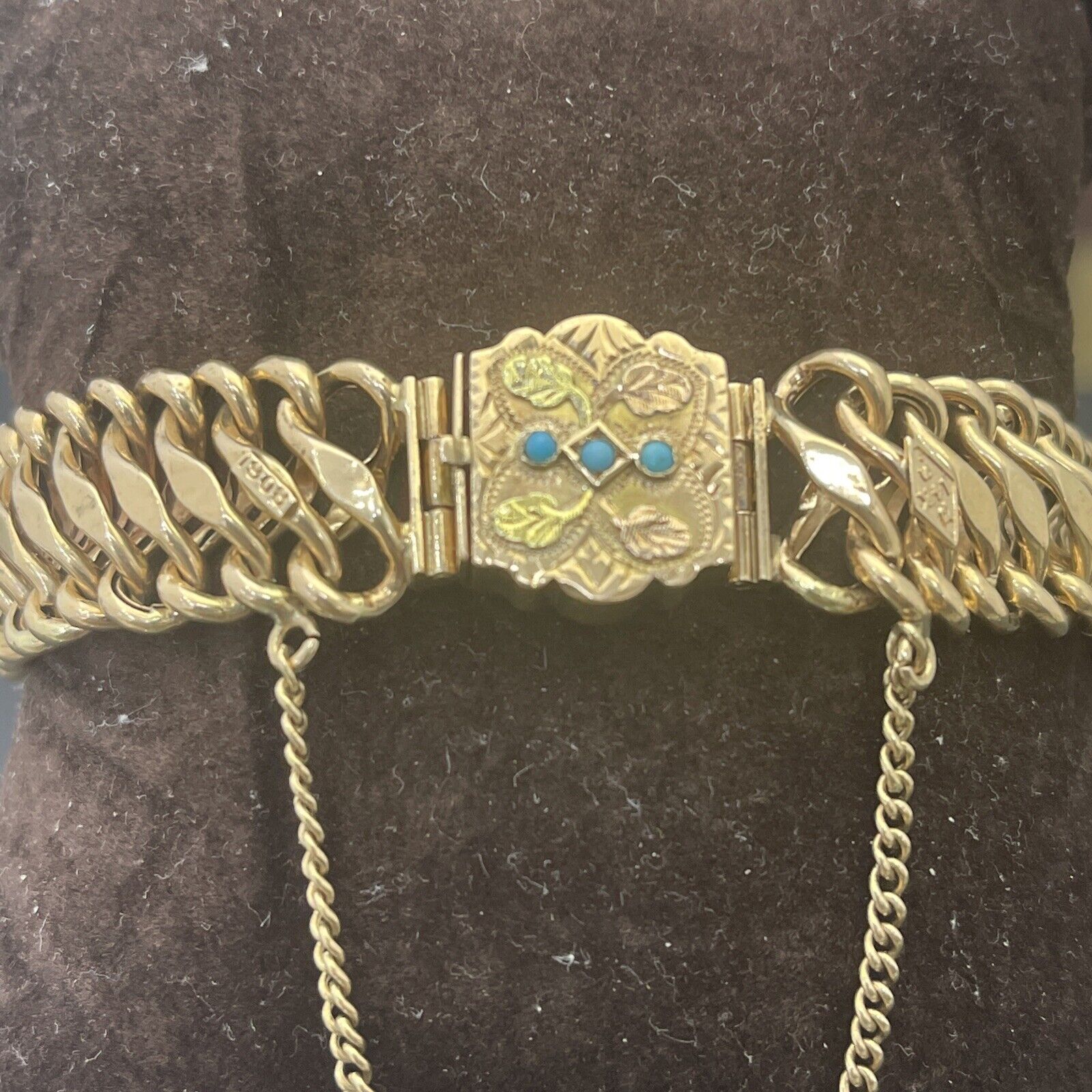 Late 1800s/Early 1900s Victorian 14k Gold Chain Bracelet w/Turquoise￼ Gem Accent