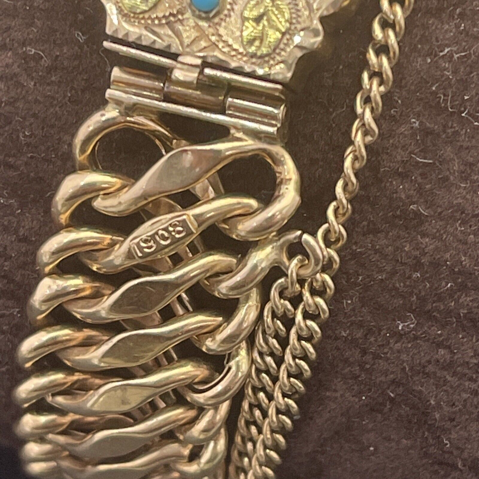 Late 1800s/Early 1900s Victorian 14k Gold Chain Bracelet w/Turquoise￼ Gem Accent