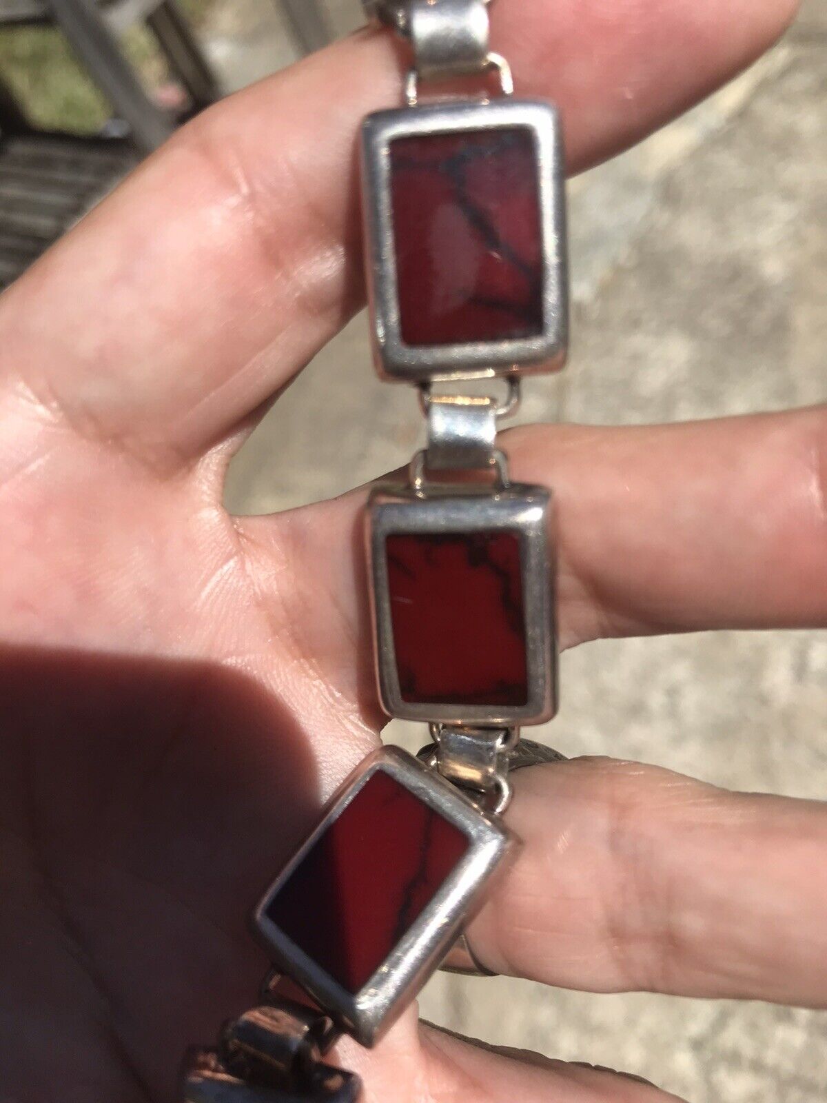 Vintage Mid 1900’s Mexico 925 Sterling Silver Marbled Jasper Bracelet 