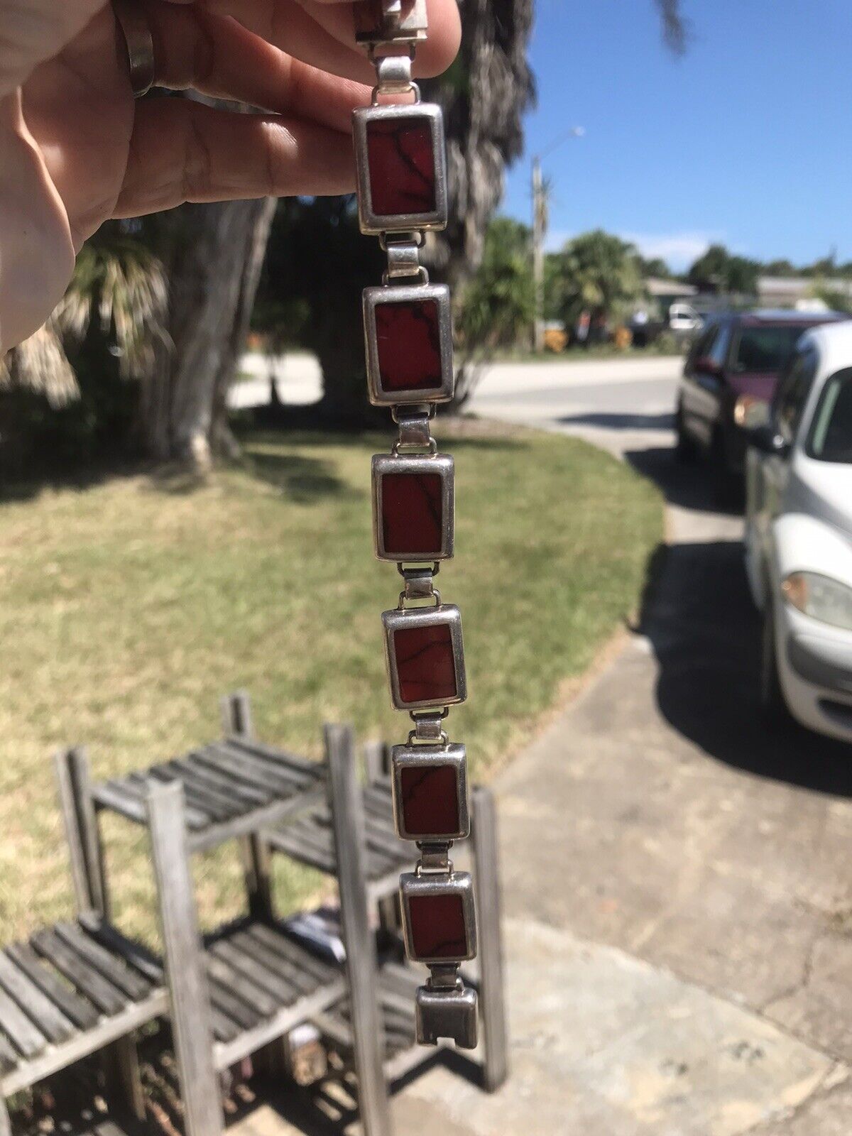 Vintage Mid 1900’s Mexico 925 Sterling Silver Marbled Jasper Bracelet 