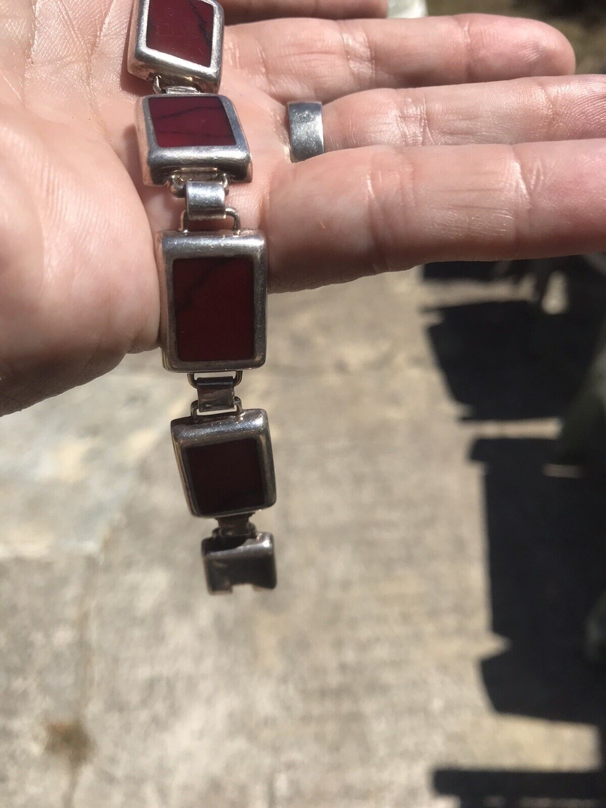 Vintage Mid 1900’s Mexico 925 Sterling Silver Marbled Jasper Bracelet 