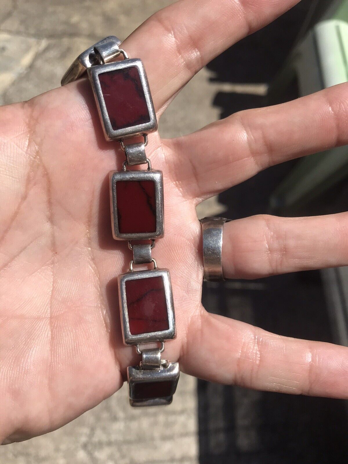 Vintage Mid 1900’s Mexico 925 Sterling Silver Marbled Jasper Bracelet 