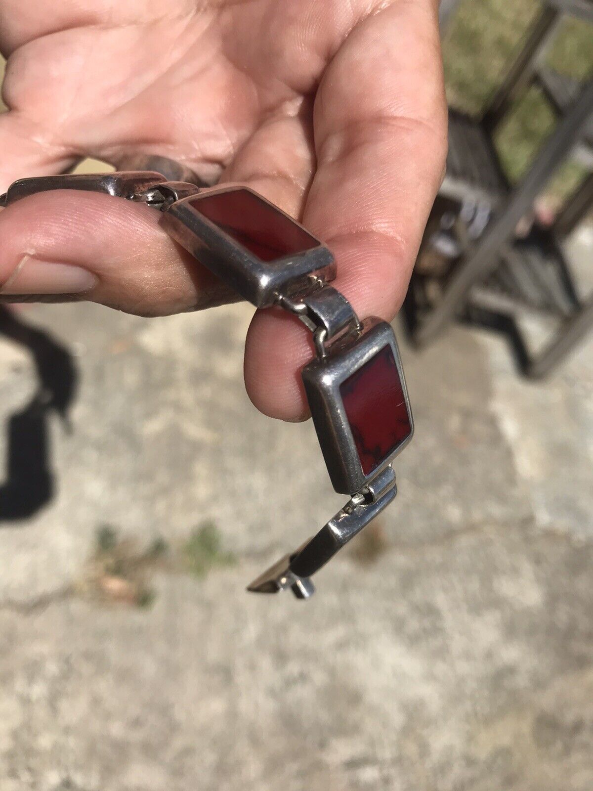 Vintage Mid 1900’s Mexico 925 Sterling Silver Marbled Jasper Bracelet 