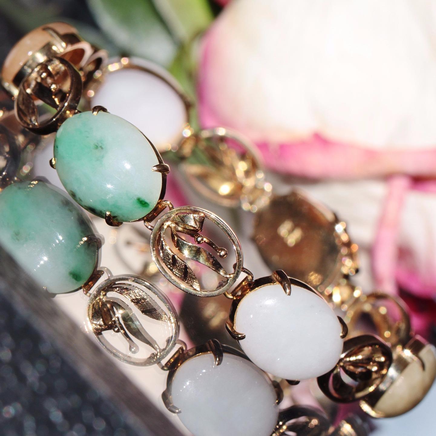 14k 585 yellow gold bracelet multi color jade 7.0" 1900's antique handmade 23.6g