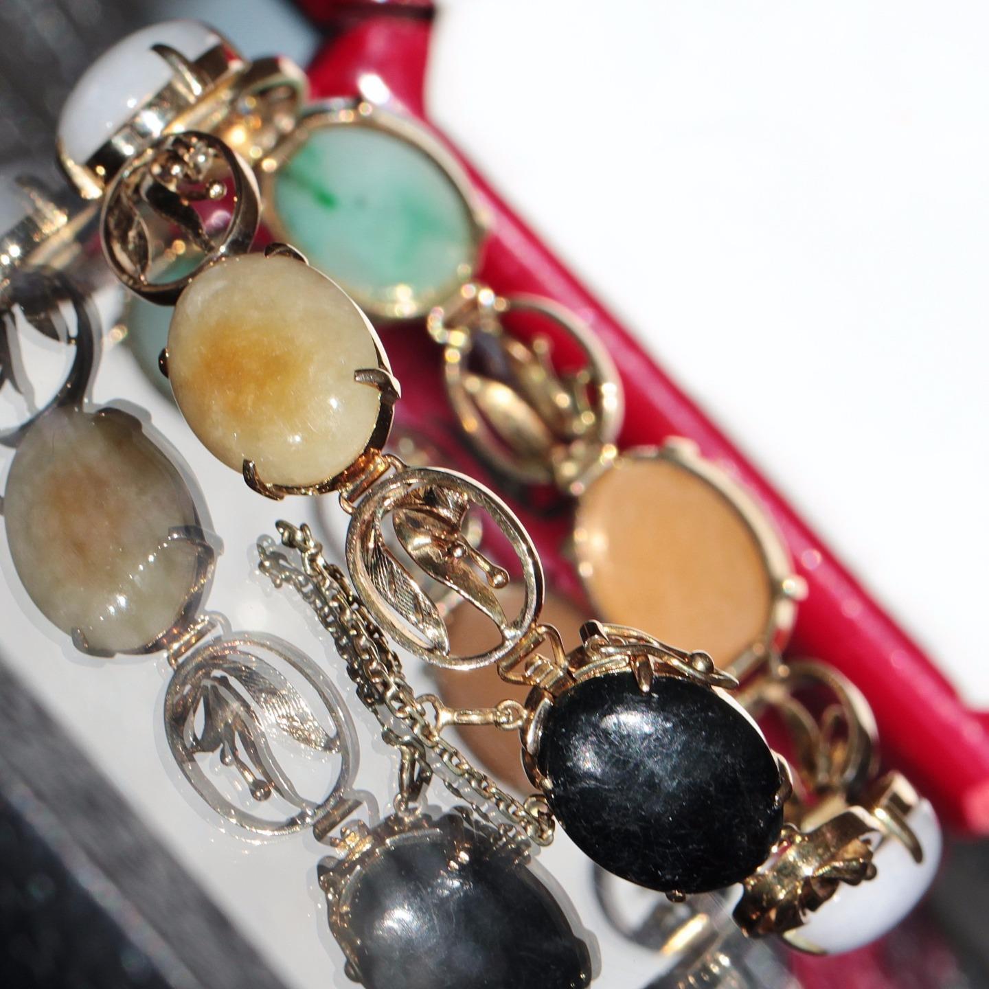 14k 585 yellow gold bracelet multi color jade 7.0" 1900's antique handmade 23.6g