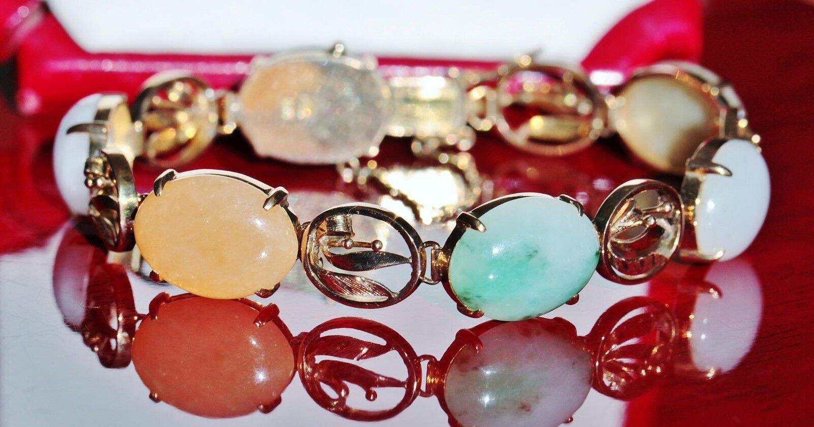 14k 585 yellow gold bracelet multi color jade 7.0" 1900's antique handmade 23.6g