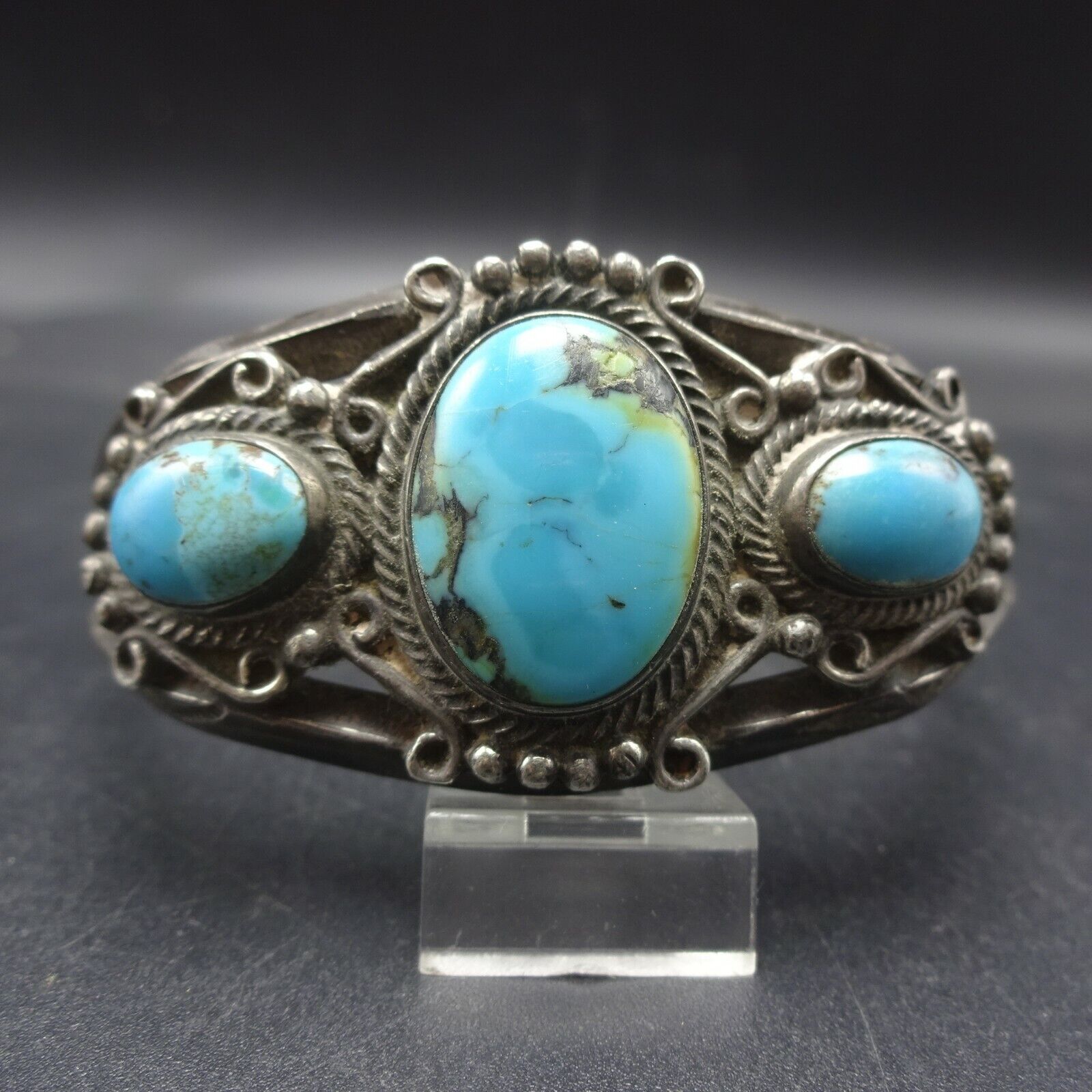 ANTIQUE 1900s 1910s Sterling Silver TURQUOISE Cuff BRACELET Twisted Wire