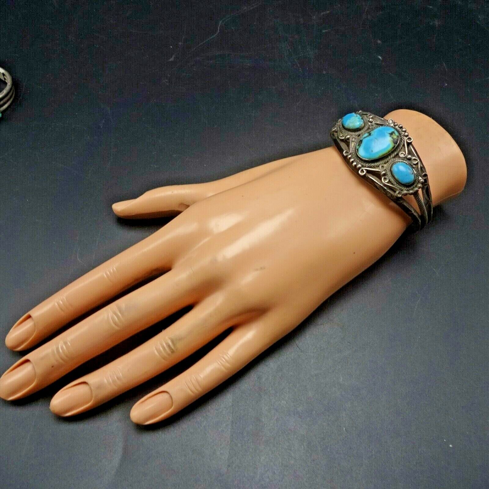 ANTIQUE 1900s 1910s Sterling Silver TURQUOISE Cuff BRACELET Twisted Wire