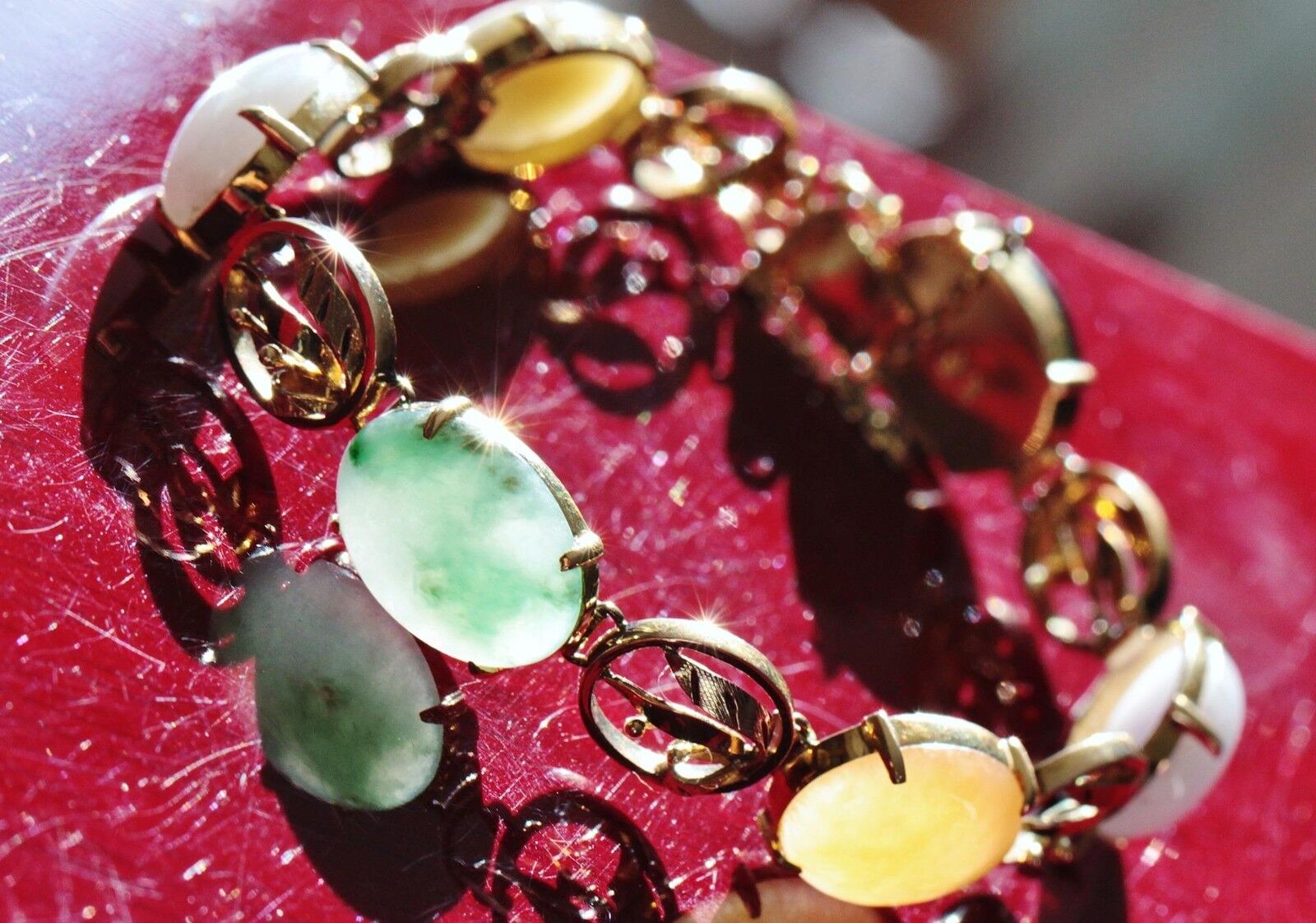 14k 585 yellow gold bracelet multi color jade 7.0" 1900's antique handmade 23.6g