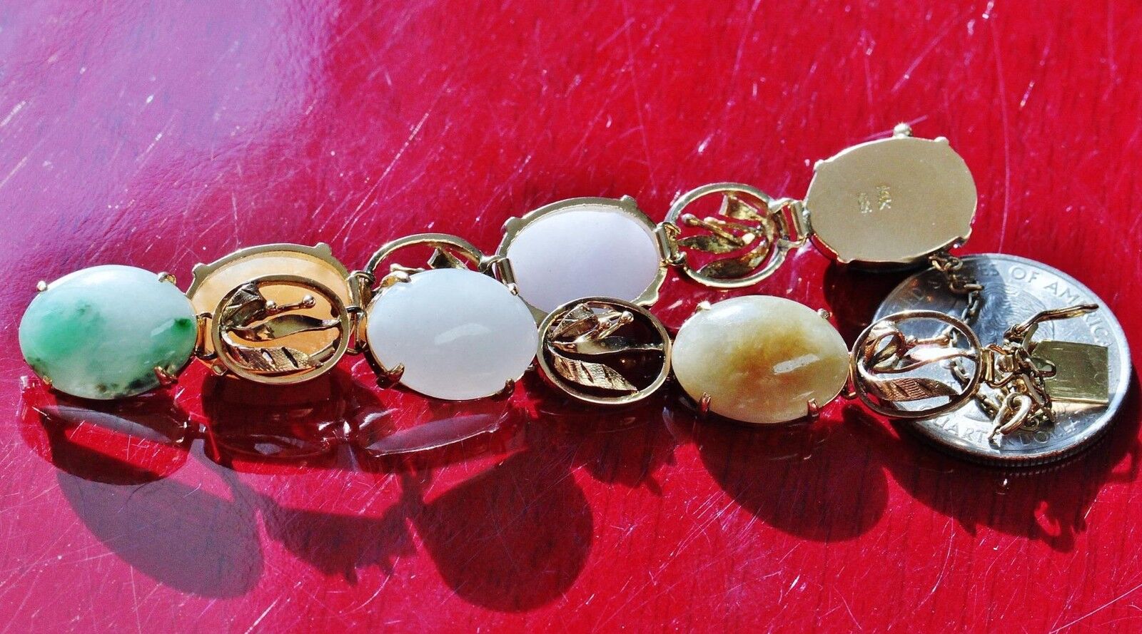 14k 585 yellow gold bracelet multi color jade 7.0" 1900's antique handmade 23.6g