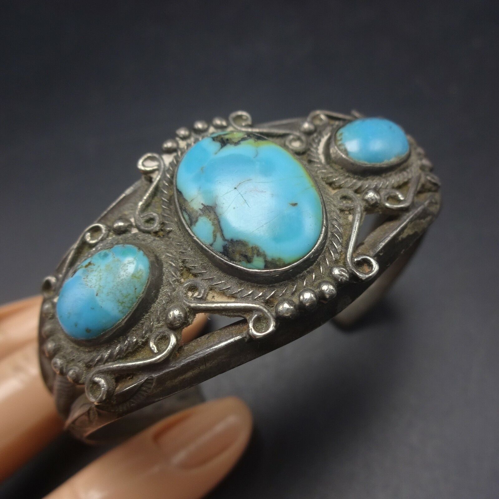ANTIQUE 1900s 1910s Sterling Silver TURQUOISE Cuff BRACELET Twisted Wire