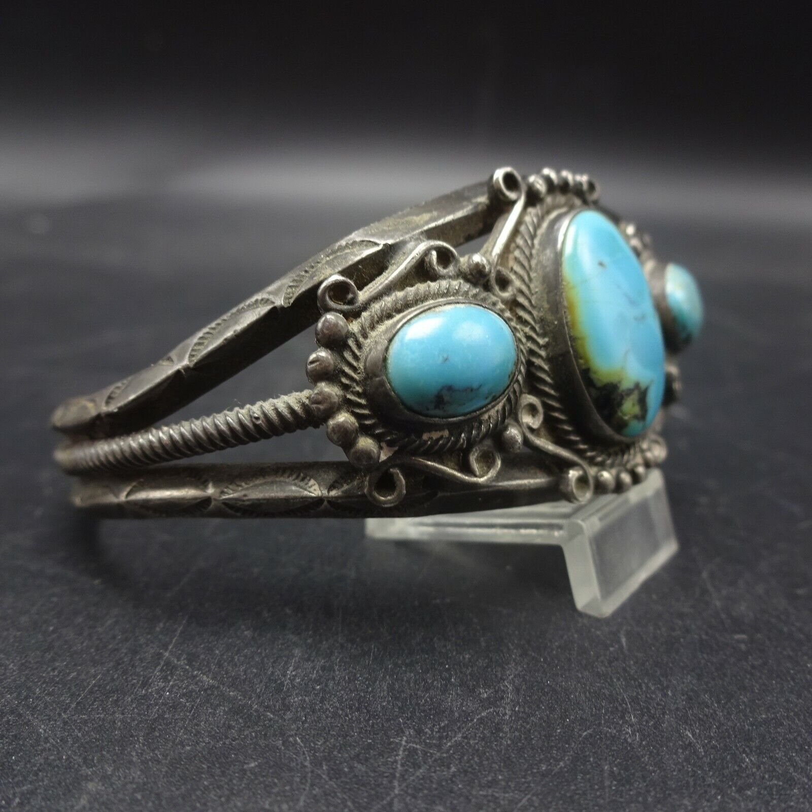 ANTIQUE 1900s 1910s Sterling Silver TURQUOISE Cuff BRACELET Twisted Wire
