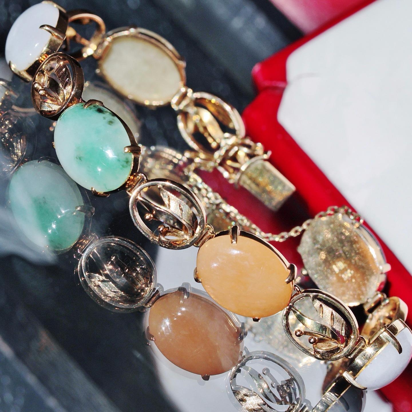 14k 585 yellow gold bracelet multi color jade 7.0" 1900's antique handmade 23.6g