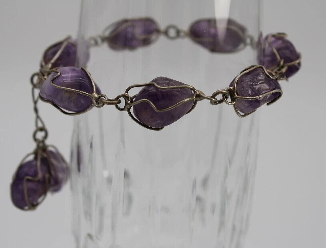 Vintage Caged Amethyst and Sterling Silver (925) Bracelet -Early 1900's style